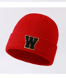 Red knitted beanie hat for men and women, featuring a trendy glitter letter W patch for outdoor wear.