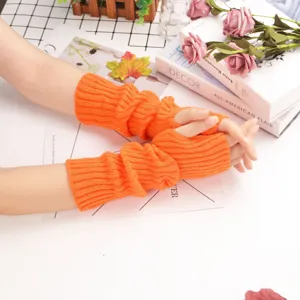 Orange knitted arm warmers thumb hole sleeves soft winter warm fashion accessory casual daily wear