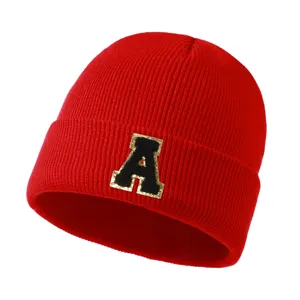 Red knitted beanie hat with letter A patch, autumn winter warm thermal cap for men and women.