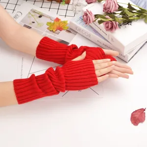 Red knitted arm warmers fingerless gloves stylish cozy winter long wrist warmers for women daily use