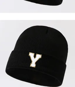 Black knitted beanie hat with white letter Y patch, warm winter streetwear cap for men women
