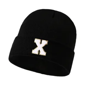 Black knit beanie hat for men and women with white letter X patch streetwear winter warm