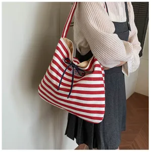 Red and white striped canvas tote bag, casual large capacity shoulder bag for women.