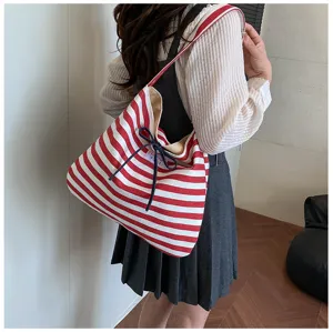 Red and white striped canvas tote bag casual lazy style shoulder handbag for daily women