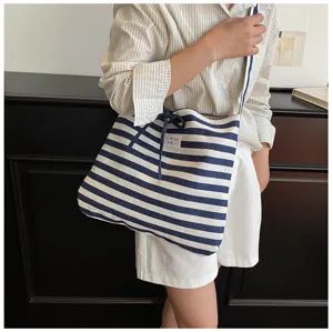 Korean style blue and white striped canvas tote bag, casual large capacity shoulder bag for women.