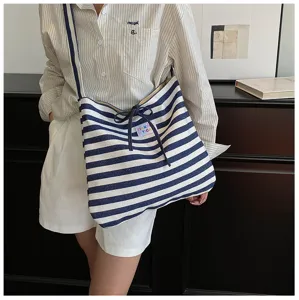 Blue and white striped canvas tote bag casual large capacity shoulder bag for students