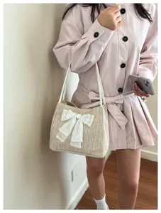 Korean style bow straw woven tote bag for women, large capacity beach shoulder bag daily use.