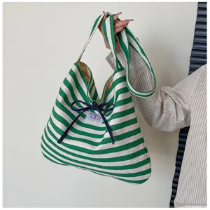 Green and white striped canvas tote bag, casual large capacity shoulder bag for women.