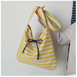 Yellow and white striped canvas tote bag, casual large capacity shoulder bag for women.