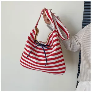 Red and white striped canvas tote bag casual shoulder bag large capacity daily student bag.