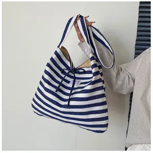 Striped canvas tote bag, casual large capacity shoulder bag for women, Korean style daily student bag.