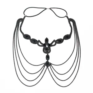 Black rhinestone fringe face mask headpiece sexy party festival hair jewelry accessory