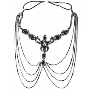 Black rhinestone head chain masquerade party face jewelry crystal tassel forehead headband
