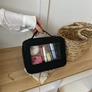 Portable Waterproof Cosmetic Bag Clear PVC Transparent Makeup Pouch PU Leather Travel Toiletry Organizer Handbag For Women