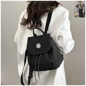 Sac à dos cordon en tissu noir pour femmes, grand capacité sac tendance voyage quotidien.