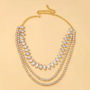 Chaine de clavette en strass multicouche, collier ras du cou en cristal dore elegant pour femme