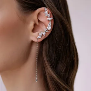Pendientes de Clip de Oreja de Hoja de Estrass de Aleación de Moda Chapados en Oro y Plata Colgantes para Mujer Joyería