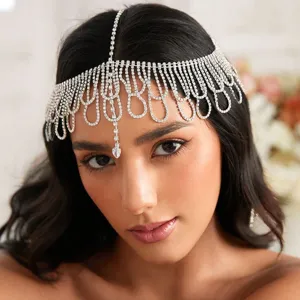 Cadena para el Cabello con Borla de Diamantes de Imitación de Varias Capas Bohemia Joyería de Cadena de Frente de Aleación de Moda para Mujer Accesorio de Fiesta de Boda