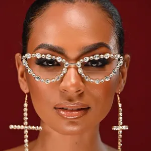 Fashion Rhinestone Decorative Glasses Frame Metal Alloy Party Eyeglasses Frame Without Lenses For Women Party Streetwear Jewelry