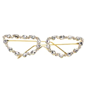 Rhinestone glasses frame fashion decorative lensless cat eye metal party street style accessories