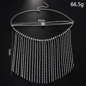 Rhinestone face mask tassel chain detail view showing precise dimensions and silver metal.