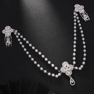 Bridal pearl hair chain vintage rhinestone water drop pendant wedding headpiece accessory