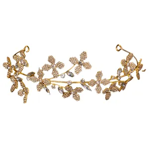 Koreanischer Stil Kristall Blumen Stirnband goldene Strass Tiara Braut Haarschmuck
