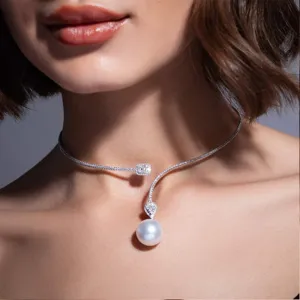 Luxury Rhinestone Waterdrop Artificial Pearl Choker Necklace For Women Elegant Inlaid Alloy Open Collar Necklace Jewelry Gift