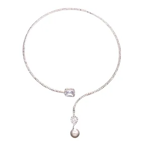 Elegant rhinestone pearl choker necklace featuring sparkling crystals and drop pendant.