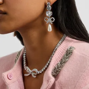 Barock Schleife Künstliche Perle Anhänger Halskette Und Ohrringe Set Für Damen Vintage Strass Braut Hochzeit Schmuck Set