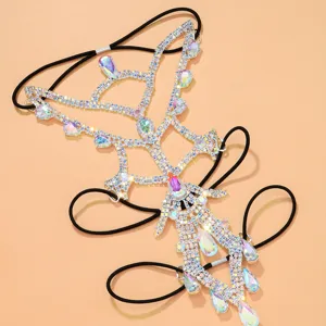 Sparkly rhinestone thigh chain body accessory with elastic bands for festival party.