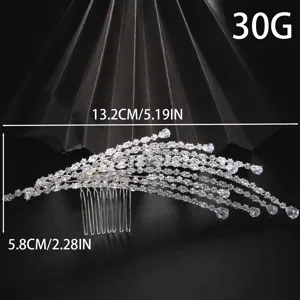 Detail view of sparkly zircon hair comb for bridal wedding, showing exact dimensions.