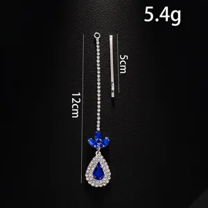 Exotic blue teardrop maang tikka traditional Indian rhinestone hair accessory length 12cm