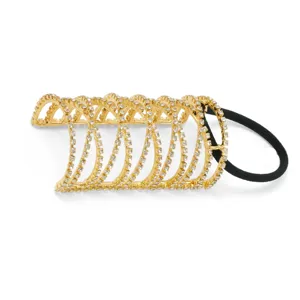 Gold rhinestone arched ponytail cuff detail shot, elegant metal hair ring with elastic band.