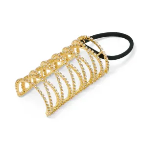Korean style gold rhinestone ponytail cuff with black elastic band elegant hair accessory