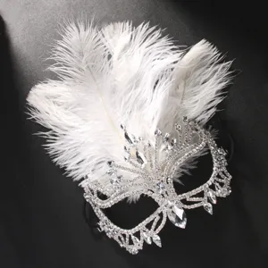 Rhinestone feather masquerade mask for Halloween party, sparkling silver face decoration.
