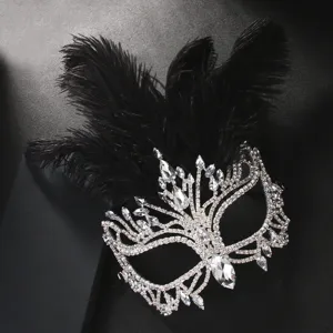 Close-up of exquisite masquerade mask featuring sparkling rhinestones and elegant black feathers.