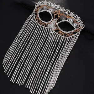 Rhinestone tassel mask detail, sparkling crystal face veil for Halloween party accessories.