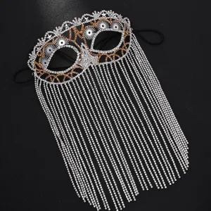 Exquisite rhinestone tassel face mask, sparkly crystal chain party costume jewelry accessory for women.