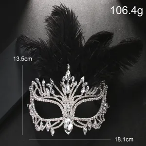 Close up detail of sparkling rhinestone masquerade mask with black feathers, elegant party prop.