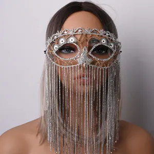 Halloween Tassel Rhinestone Mask For Women Masquerade Hollow Alloy Face Veil Western Holiday Party Prom Accessories Jewelry Gift