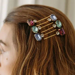Damen Bunte Strass Haarklammer Elegante Geometrische Metall Haarspange Gold Silber Galvanisiert Seitenpony Clip Mode Haarschmuck