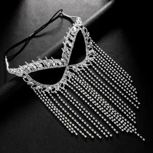 Gedetailleerd shot van sprankelende strass masker met lange franjes voor feestjes.