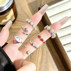 Sweet cartoon fruit enamel rings set, stylish stacking open finger rings for daily wear.