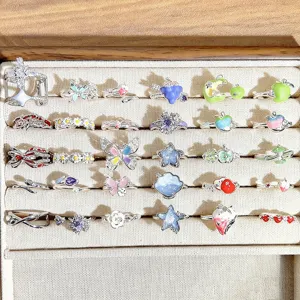 Sweet Enamel Copper Ring For Women Cute Fruit Butterfly Star Flower Rhinestone Open Adjustable Stacking Finger Ring Fashion Jewelry Gift