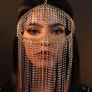 Gleaming rhinestone tassel chain face mask for glamorous party and stage performances.