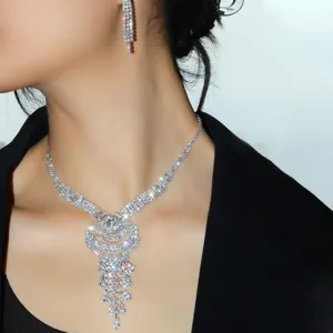 Fashion Western Multi-layer Heart Tassel Necklace And Earrings For Women Rhinestone Wedding Party Dress Accessories Jewelry Collection