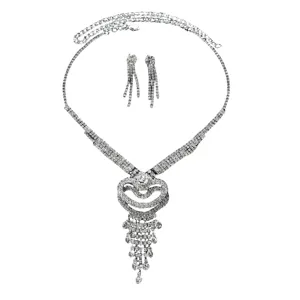 Silver rhinestone heart tassel necklace and earrings set for bridal wedding party jewelry