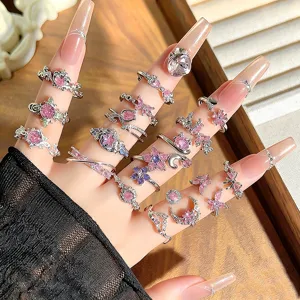 Koreanischer Süßer Pinker Zirkonia Offener Ring Schmetterling Blume Herz Y2K Stil Verstellbarer Kupfer Ring Für Damen Schmuck