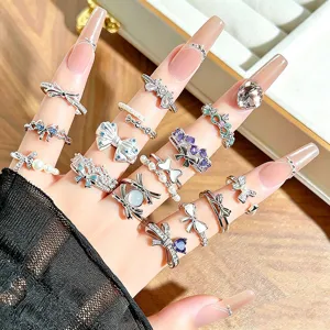 Silver bow zircon open rings set, stylish stacked fashion finger rings for women.